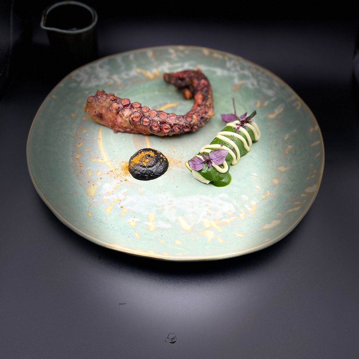 Tentacule de poulpe croustillante, poireau, sauce vigneronne encre de seiche